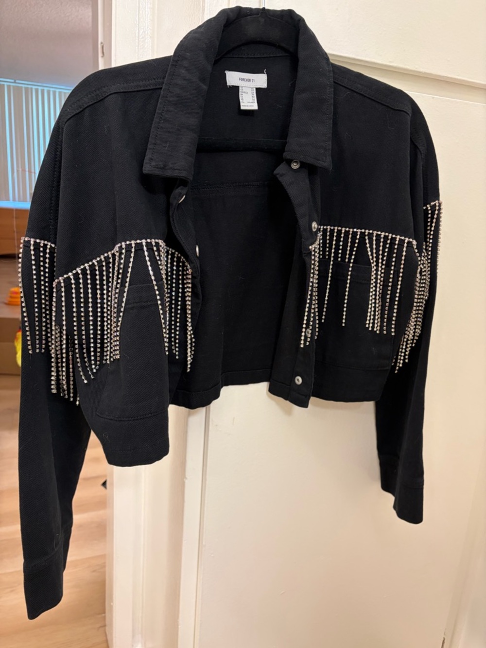 Forever 21 Cropped Jean Jacket with Rhinestone Fringe Size XS